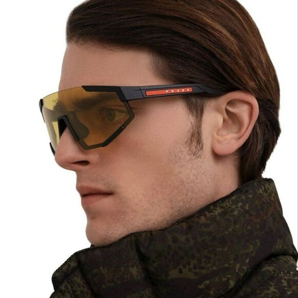 NEW Prada PS04WSF DG002U Black Rubber Brown Orange Rectangle Unisex Sunglasses - Picture 3 of 12